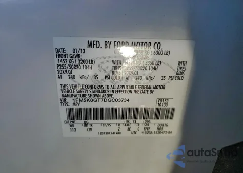 2013 Ford Explorer Sport из США, поврежденный, VIN 1FM5K8GT7DGC03734